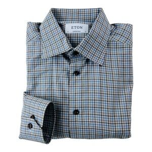 Eton White Brown & Blue Check Long Sleeve Cotton Button Up Mens Size 41/16